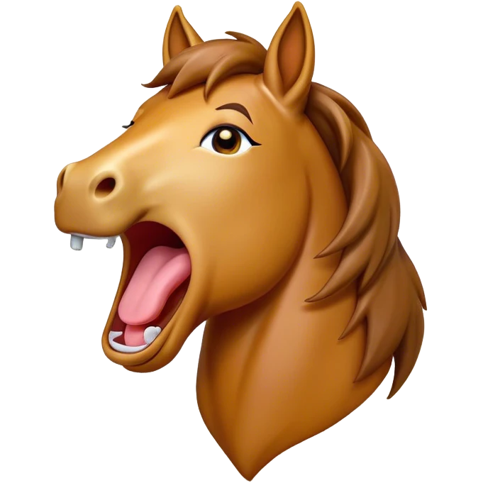 Cinematic Cute Yawning Bay Horse Portrait Emoji, Head tilted slightly with a dramatic, wide-open yawn, revealing a smooth bay fur with a subtle luster, floppy ears slightly drooping, round amber eyes barely open in drowsy contentment, Simplified yet irresistibly adorable features, highly detailed, glowing with a soft, cozy glow, high shine, relaxed yet expressive, stylized with a touch of equine whimsy, bright and endearing, soft glowing outline, capturing the essence of a sleepy yet affectionate horse, so drowsy it feels like it could stretch out of the screen and curl up for a nap! emoji