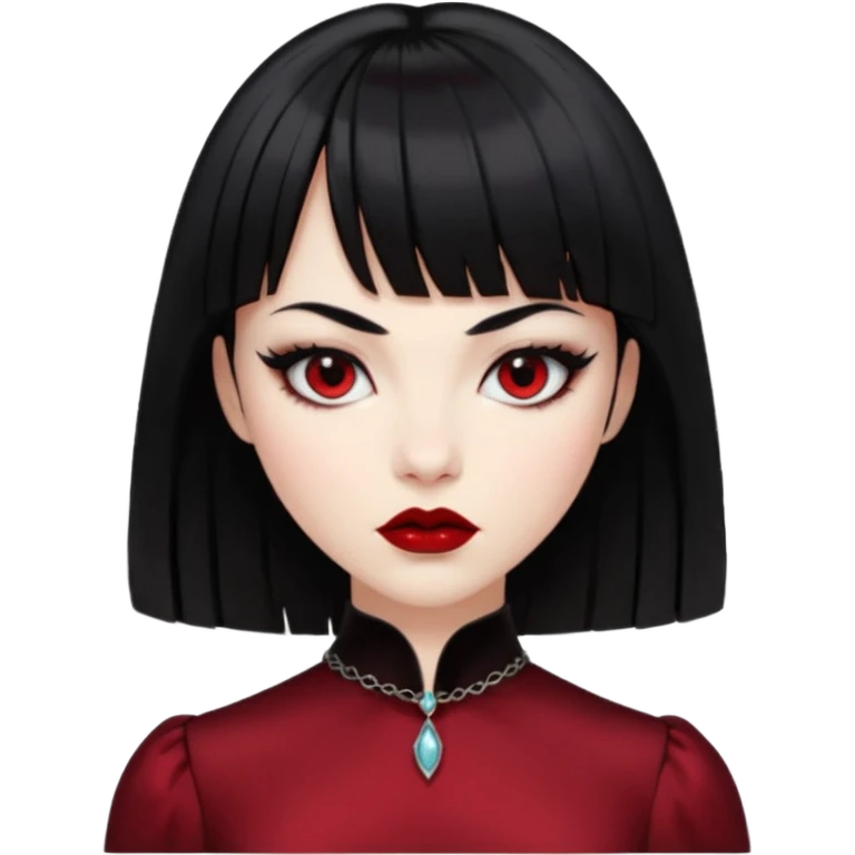 “Emoji girl, porcelain skin, sharp eyeliner, vampy deep red lips, straight jet-black hair with bangs, intense eyes, wearing black silk dress.” emoji