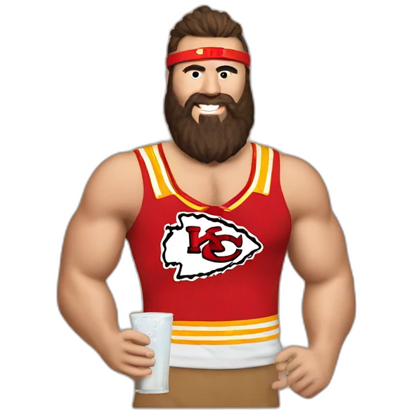 Jason kelce chiefs beanie holding drink no shirt emoji