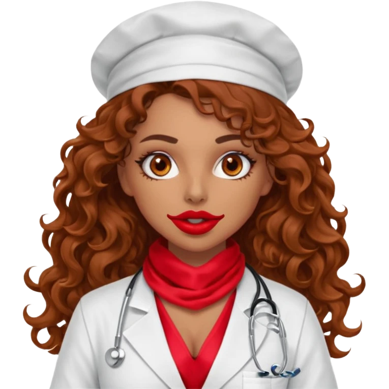 Sensual Spanish Lilith core evil surgeon.red outfit.  Surgeon has hazel eyes. Her hair is BROWN. Hair is also  long and  curly. wearing a sexy surgeon outfit with platform  heels.she is a calculated smart cereal killer. She covers only her mouth and nose with silk scarf to hide identity  emoji