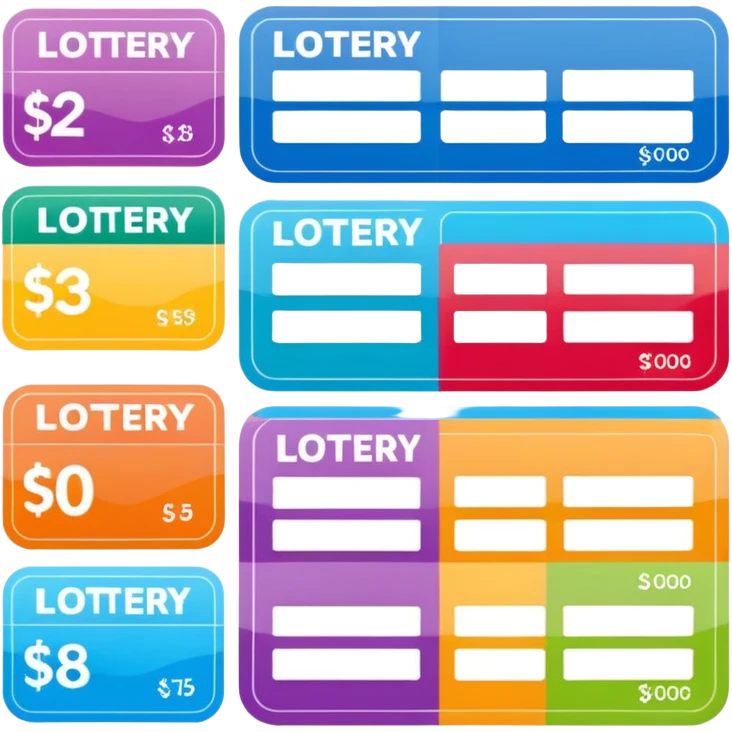 Create blank lottery coupons fanned out, clean and colorful, with different header colors and simple grid sections. No numbers, no text—just empty fields and a lottery-ticket layout. Bright, modern, and on a neutral background. emoji