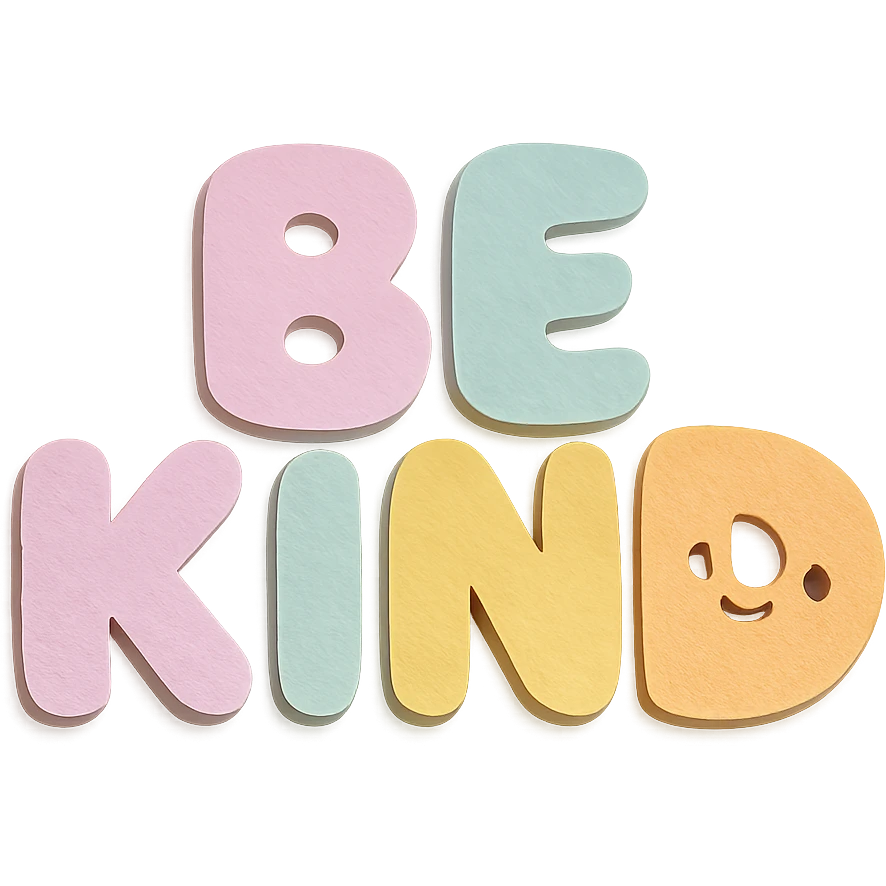 "Be Kind" chubby hand-drawn lettering in soft pastel rainbow colors, kawaii style, high resolution, no outline, sticker design, transparent background emoji