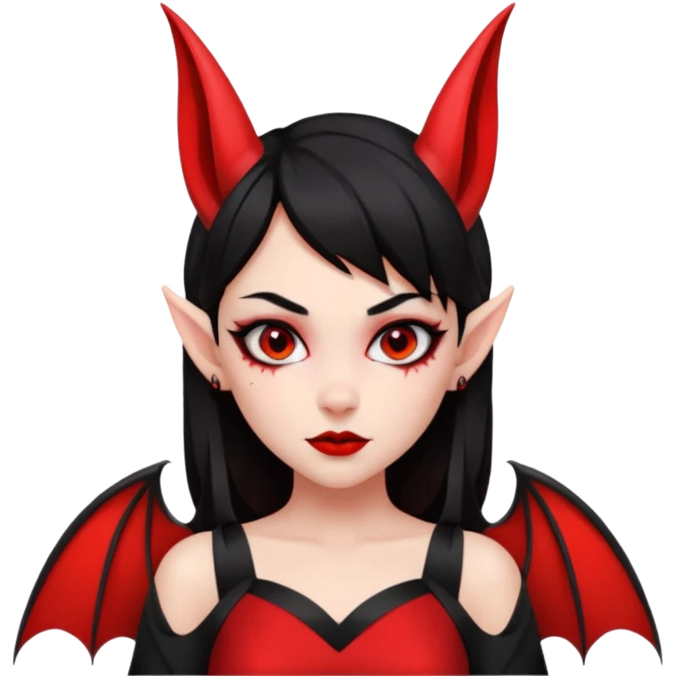 demon girl, skin red (no pale/blush), black hair, small horns, pointed ears, bat wing, black open-back dress, bold black outlines, red+black palette emoji