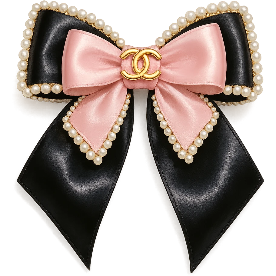 heart only the elegant bow with pearls and gold Chanel logo, glossy, pastel colors, realistic style, with no background. black pink,  emoji