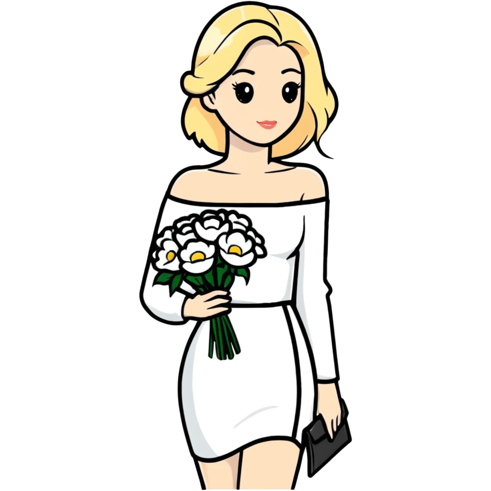 blonde woman in a white off-shoulder dress with long sleeves and a bouquet of white flowers in a white bag in her right hand emoji