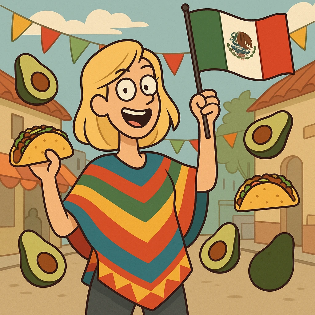 playful cartoon of a tall blonde woman wearing a colorful poncho, smiling, holding a taco and an avocado, waving a Mexico flag, surrounded by tacos and avocados, street party scene emoji