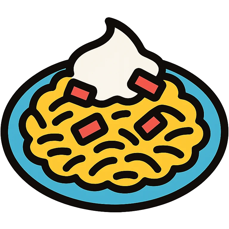 A plate of risoni, topped with small pieces of bacon with cream emoji