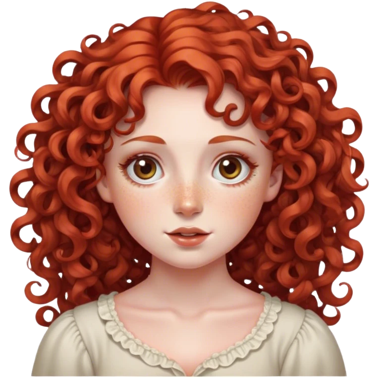 lady with Soft, round face, rosy cheeks, wide expressive eyes, Curly red hair, often styled in intricate ringlets, Fair skin, freckles, emoji