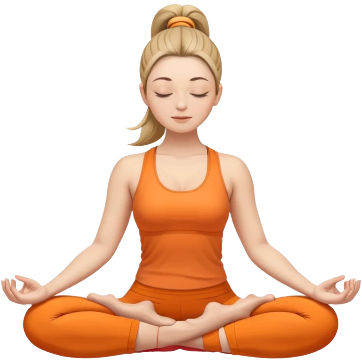 white woman with ponytail hairstyle in lotus position meditation yoga pose, closed eyes, relaxed face, wearing orange yoga outfit emoji