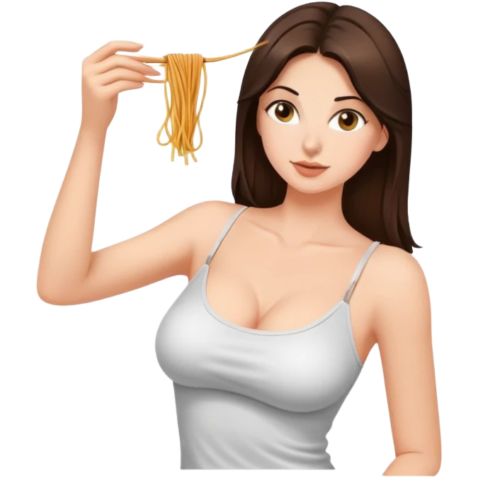 Brunette woman with 32g breasts wearing tank too with spaghetti straps, not holding spaghetti emoji