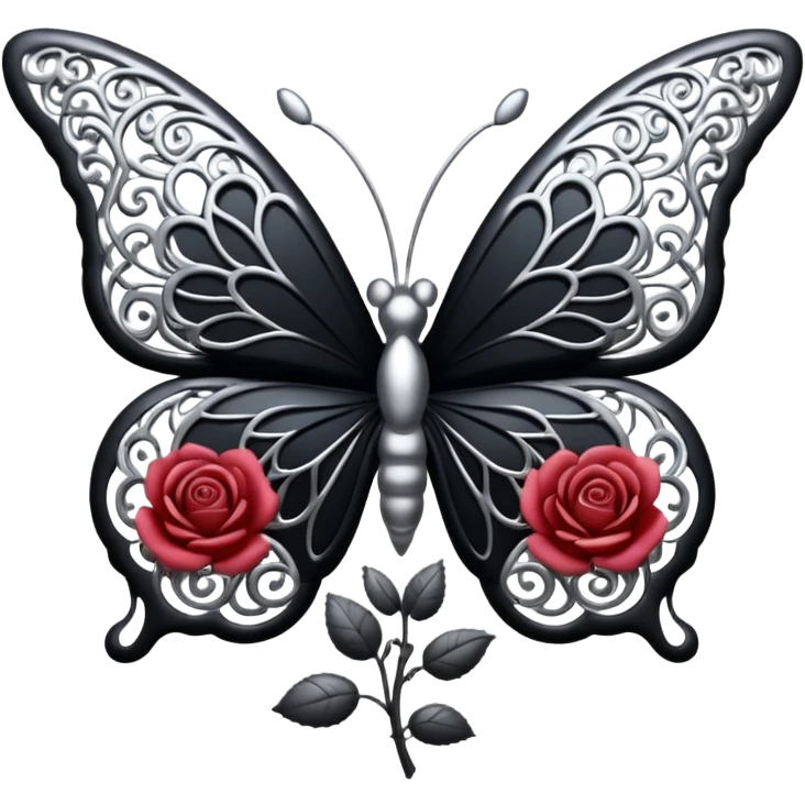 Black and silver filigree rose with a stunning butterfly, 3D, extremely detailed design emoji