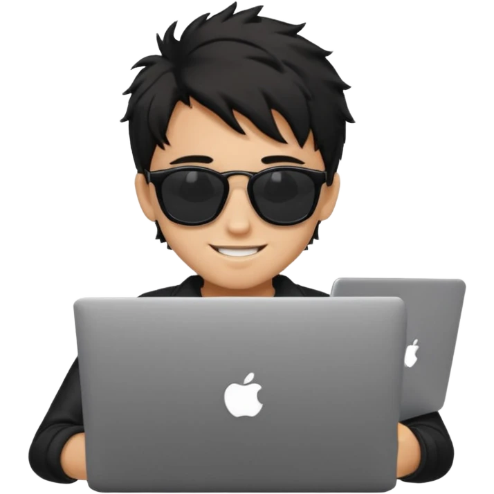 a PRETTY BRATZ boy with black messy hair, black sunglasses, on laptop emoji