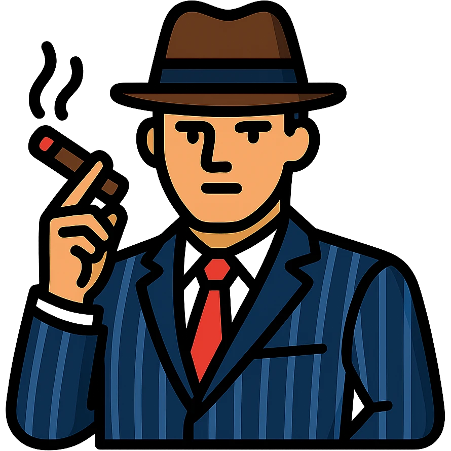 gangster, 1920s mobster, pinstripe suit, fedora, confident pose, holding cigar emoji