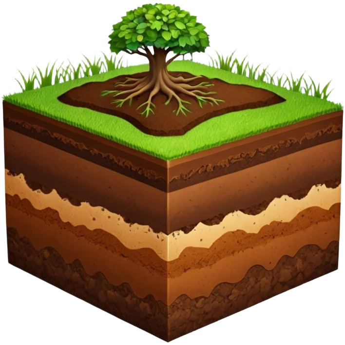 A 3D cartoon cross-section of soil layers with green grass on top, visible brown earth textures, clean white background, smooth and detailed Memoji-style. emoji