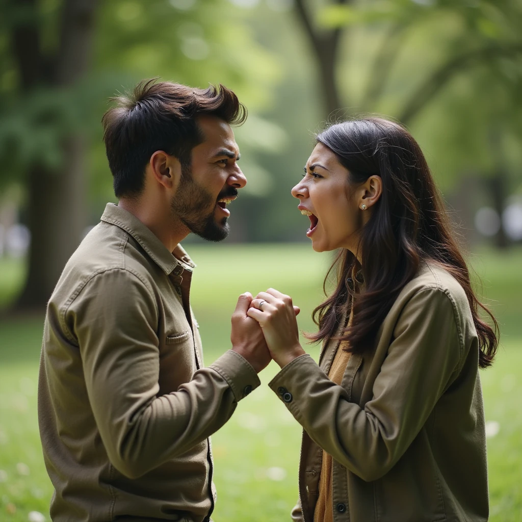 Couple arguing animatedly in a park, angry and frustrated expressions, green environment, hyperrealistic details, 4K resolution emoji