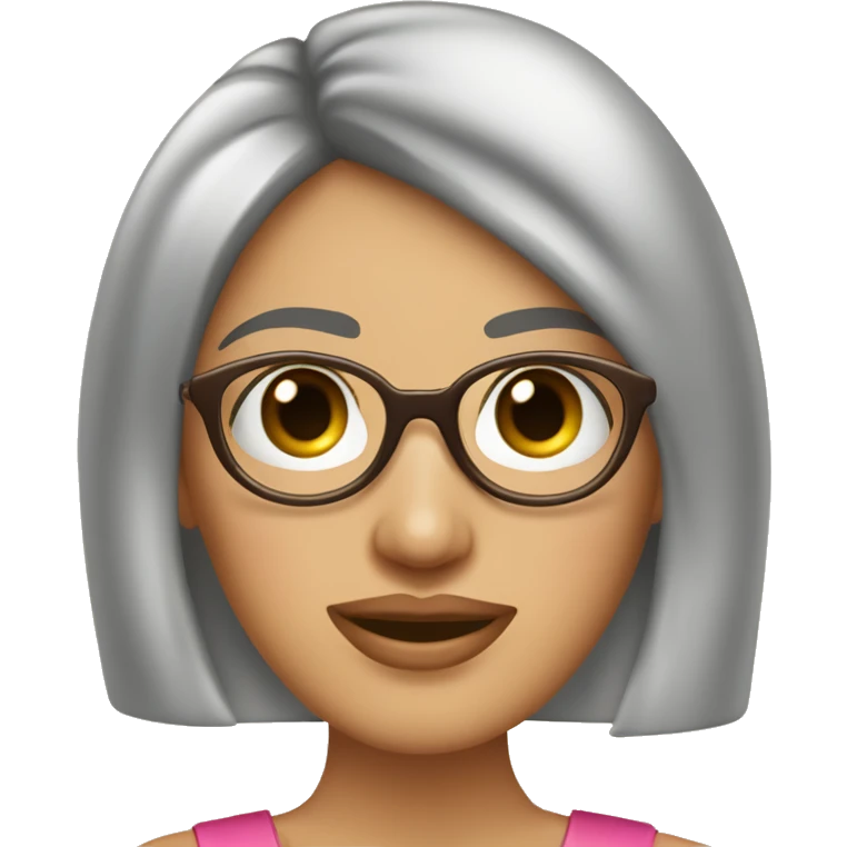 mujer, pelo liso corto café, ojos café, labios rosado, lentes redondos emoji