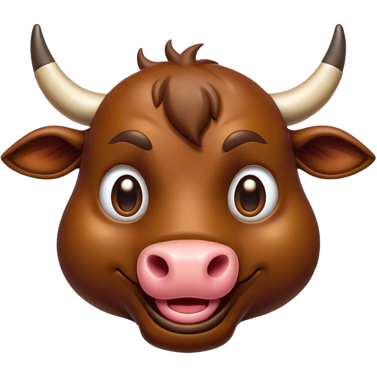 Cinematic Comical Brown Bull Portrait Emoji, Head tilted dramatically with an exaggeratedly amused expression, featuring a striking, glossy brown hide with a bold natural sheen, wide, expressive dark eyes filled with playful disbelief, Simplified yet hilariously expressive features, highly detailed, glowing with a slightly sassy glow, high shine, dramatic yet playful, stylized with an air of cheeky mischief, bright and endearing, soft glowing outline, capturing the essence of a spirited and over-the-top bull, so meme-worthy it feels like it could charge its way into internet fame instantly! emoji