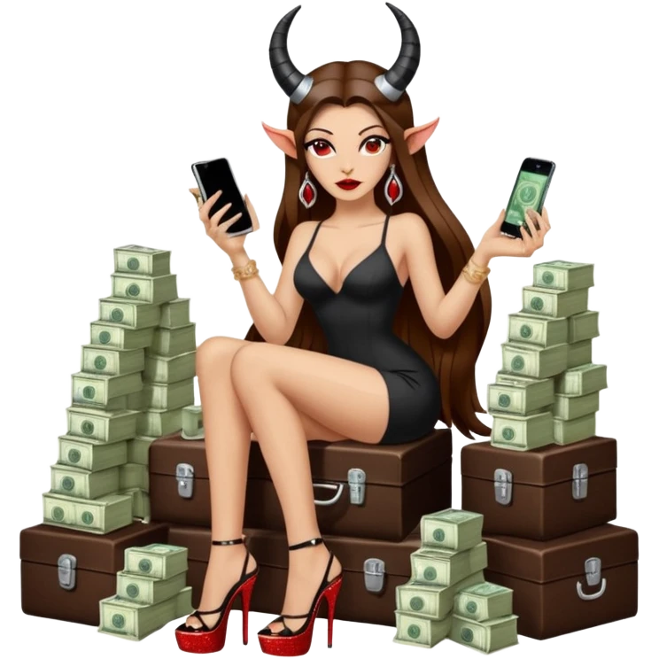 Sensual seductress long brown straight haired sexy drug lord woman with  glitter platform high heels on her feet,  and devil black horns on her head, holding a stack of cash, has a phone in other hand. Sitting on  Cases of drugs. Evil  emoji