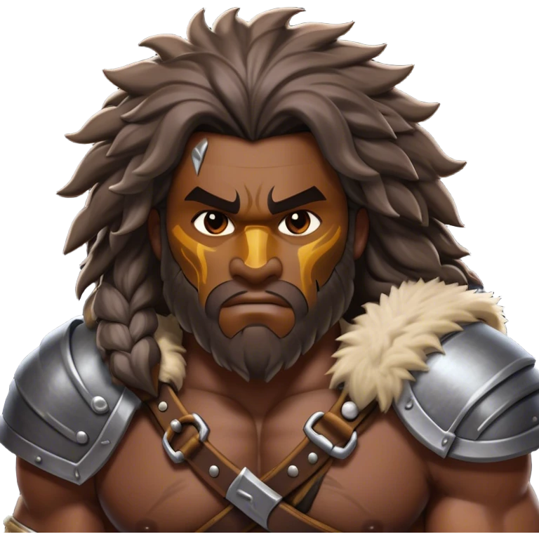 Clash of Clans aesthetic: Cinematic Battle-Hardened Barbarian Portrait Emoji, Stark and unyielding with a burly, muscular frame marked by scars, wild, flowing hair and a steely, unrelenting gaze, dressed in rugged furs and bone armor, Simplified yet meticulously detailed features, highly detailed, glowing with a cool, steely radiance, high shine, relentless and valorous, stylized with an air of ancient tribal might, focused and resolute, soft glowing outline, capturing the essence of a seasoned barbarian whose every scar tells a story of survival and conquest! emoji