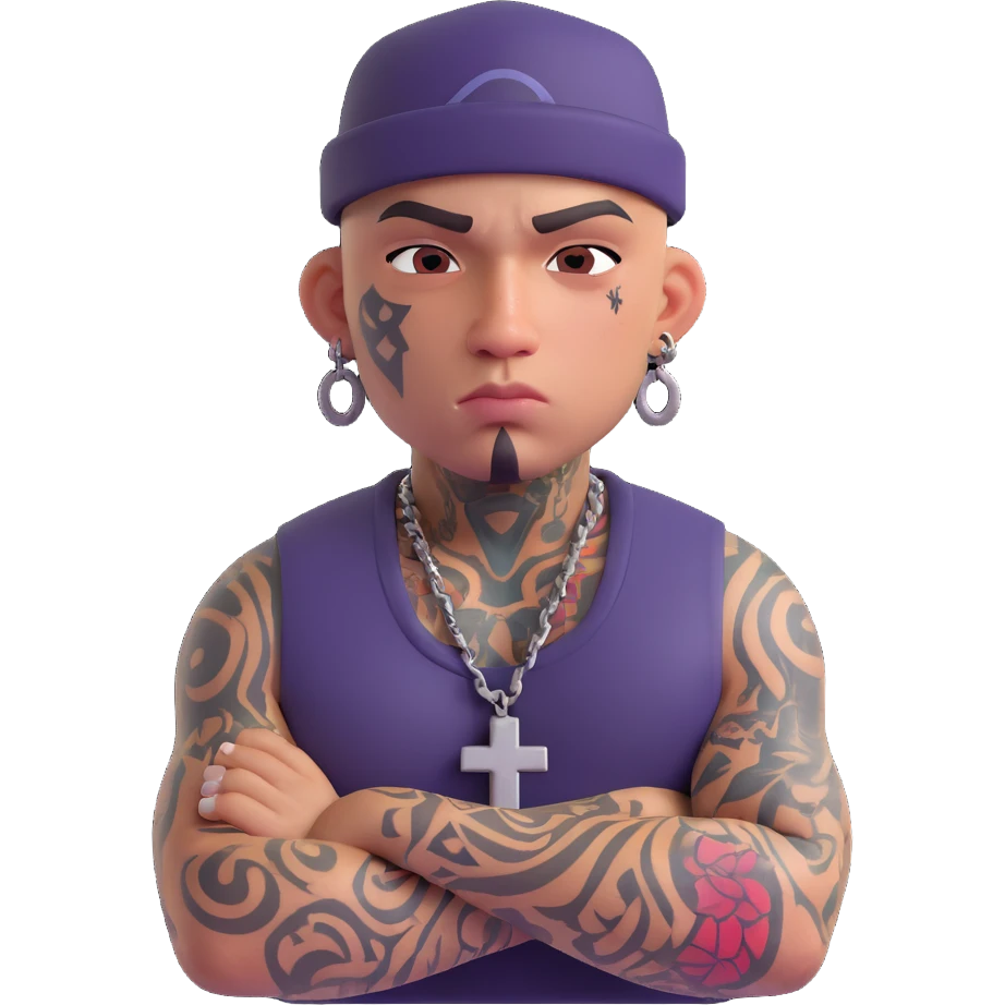 gangster character with face tattoos including teardrop tattoo and cross tattoo, tough expression, urban style emoji