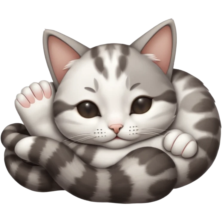 grey and white small cat with eyes closed lying down upside down with its paws/arms tightly covering its own face emoji