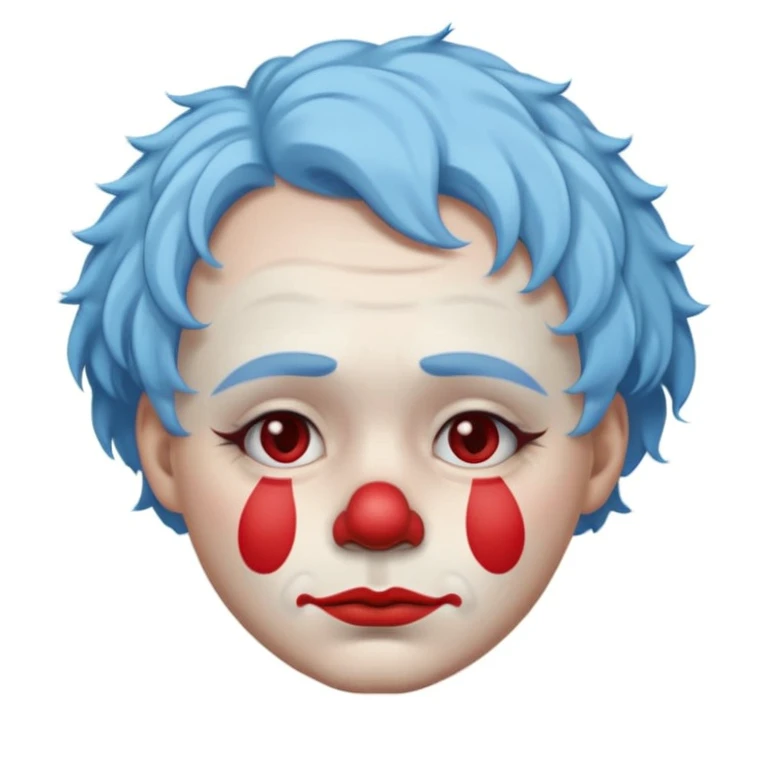 portrait of a sad clown emoji, white face paint, red nose, minimalist makeup with drooping eyebrows and frown, visible tears under the eyes, short curly pastel blue hair, simple ruffled collar, soft subdued colors, glossy highlights, centered close-up, white background emoji