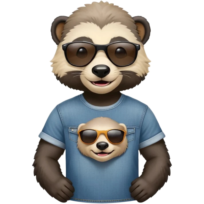 friendly anthropomorphised honey badger in jeans and a t-shirt, wearing sunglasses, head and shoulders view, smiling emoji