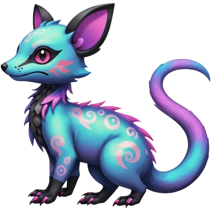 Rare neon iridescent white exotic cute epic aesthetic gothic colorful Salandit-Eevee-Civet-species-Fakemon-hybrid-creature, with intricate tattoo markings, full body emoji