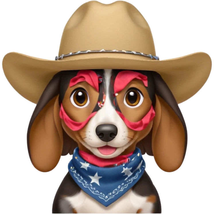 mostly black with some brown long hair daschund with a cowboy hat, ears curl out a bit and bandana and tongue slightly out emoji