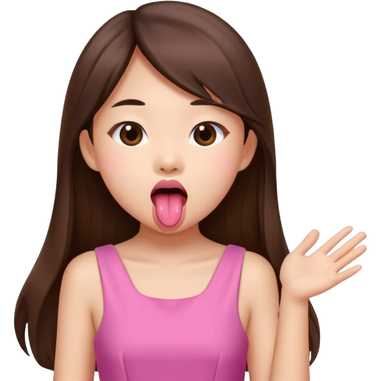 asian girl with long brown hair and fair skin wearing pink dress sticking tongue out emoji