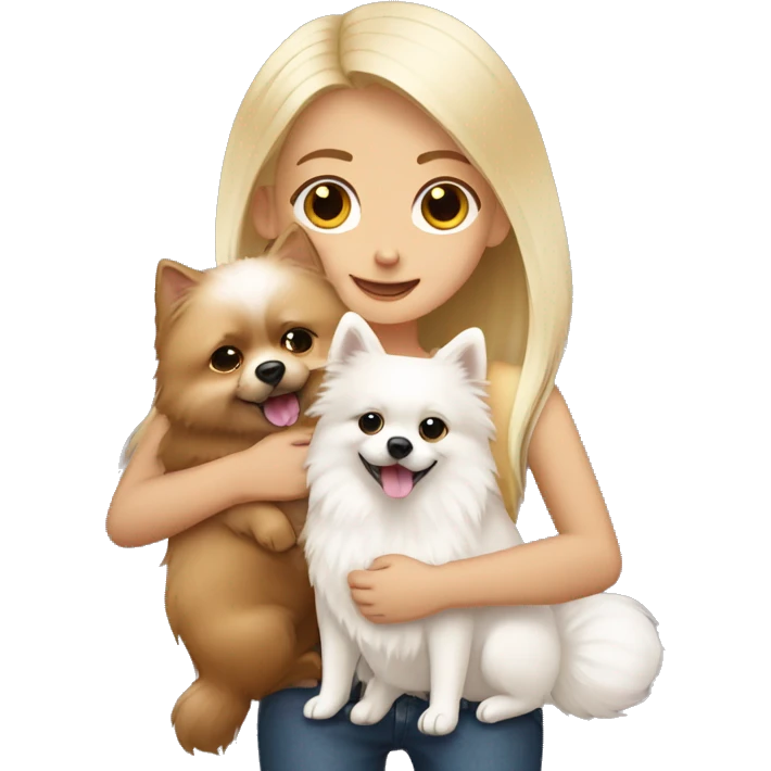 Blond girl hugging white Pomeranian and brown Pomeranian  emoji