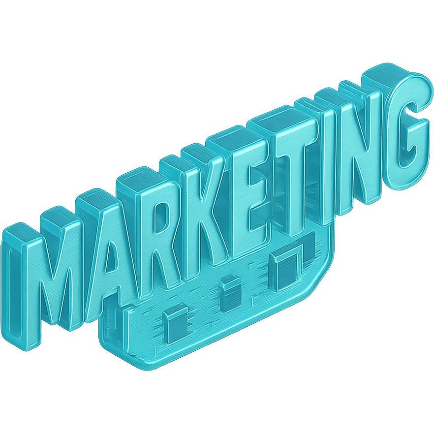 The word "MARKETING", cyan blue emoji