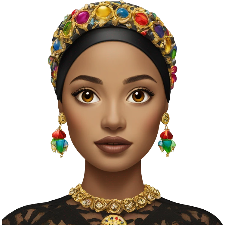Dolce and Gabbana Italian model in dark dress and headband with colourful ornament and golden detais  emoji