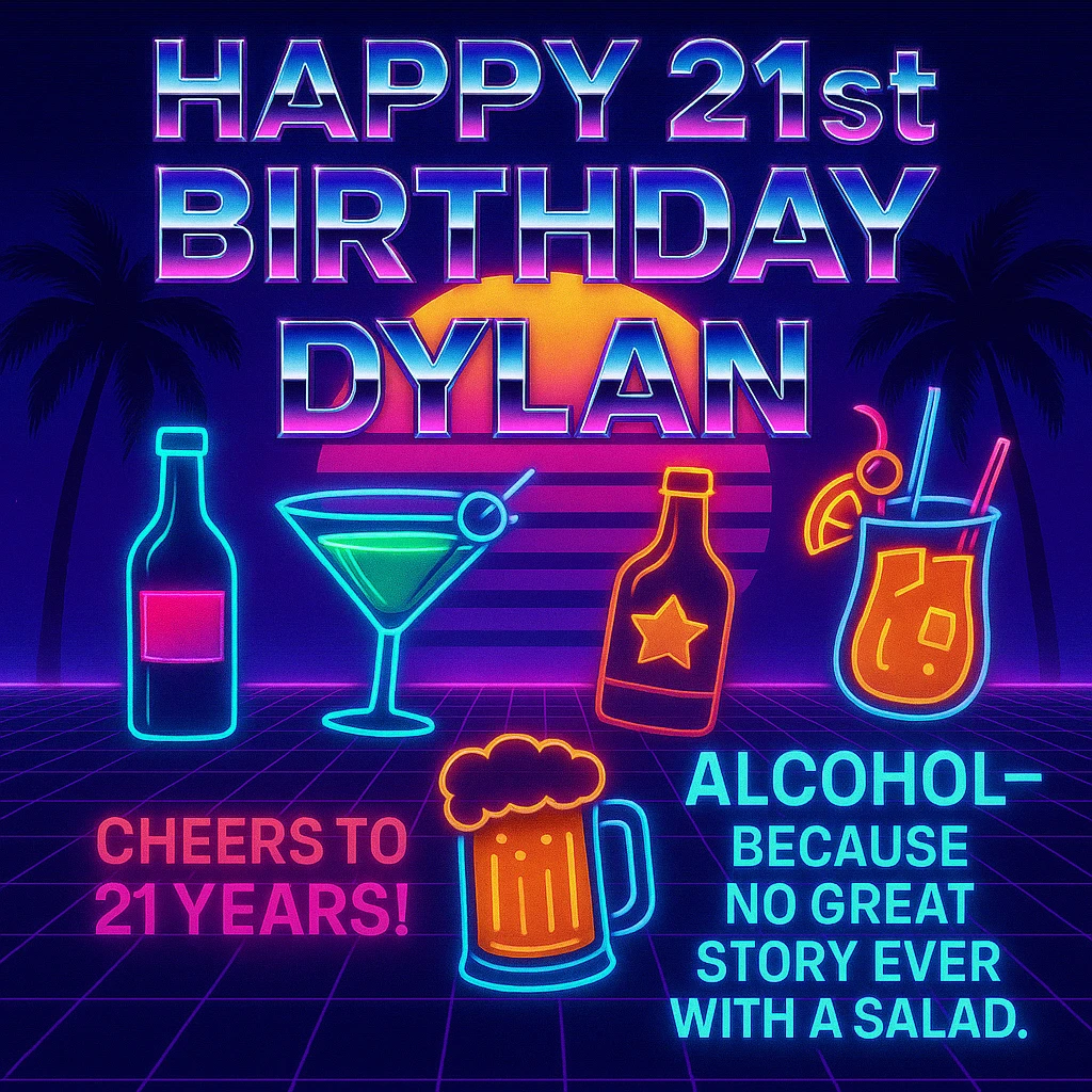 Completely change the style to vaporwave: neon colors, retro 80s grid, palm trees, synthwave sunset, chrome text, and keep the funny drink quote. Make it look digital and bold. emoji
