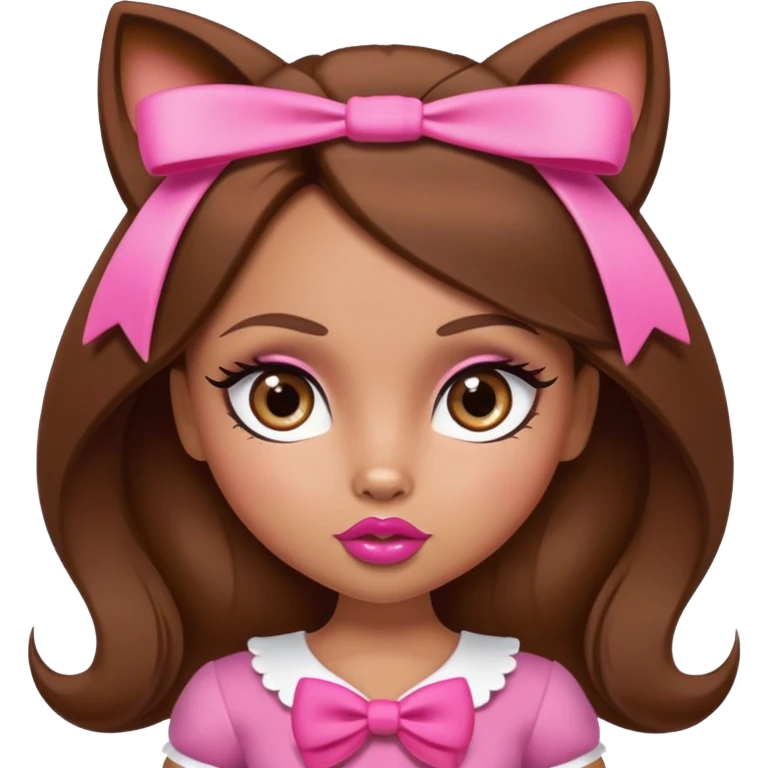 Bratz doll character with brown hair, pink bow, large lips, and almond-shaped foxy eyes emoji