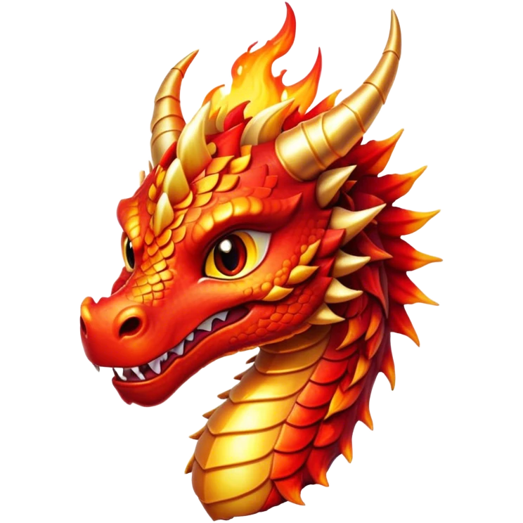 Cinematic Cute Fierce Fire Dragon Portrait Emoji, Head tilted playfully and inquisitively, showcasing a robust, flame-embellished form with intricately detailed scales in vibrant reds and glistening golds, accented by flickering ember highlights and a warm, inviting glow; rendered with lifelike detail and radiant natural light, high shine, spirited yet endearing, styled with a touch of blazing whimsy, soft glowing outline, capturing the essence of a mischievous yet charming inferno that seems ready to dance with playful fire! emoji