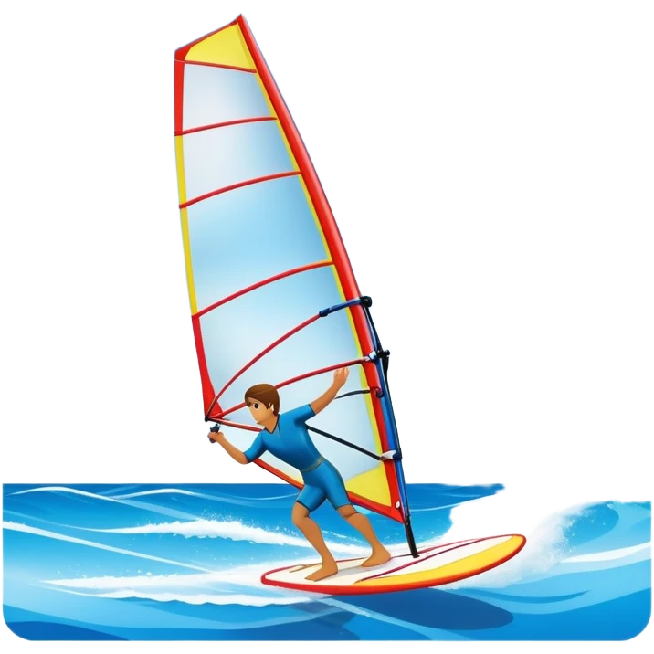 A windsurfer gliding across the water, with a vibrant sail catching the wind. The scene captures the motion of the board riding the waves, surrounded by the bright blue sky and ocean, symbolizing the excitement and skill required in the sport of windsurfing. emoji