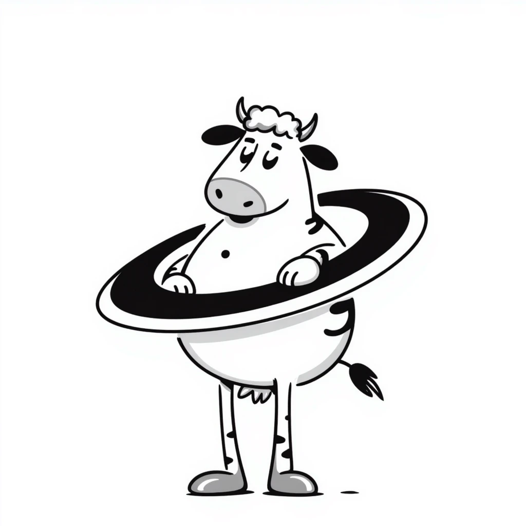 a cow with the body of the planet Saturn with visible rings and gigantic human feet, illustrative style emoji