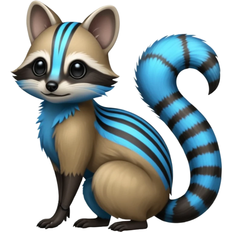 White and blue and grey and black neon glowing bioluminescent Genet-Numbat-Cacomistl-Tamarin-Tanuki-fusion-hybrid (full body) emoji