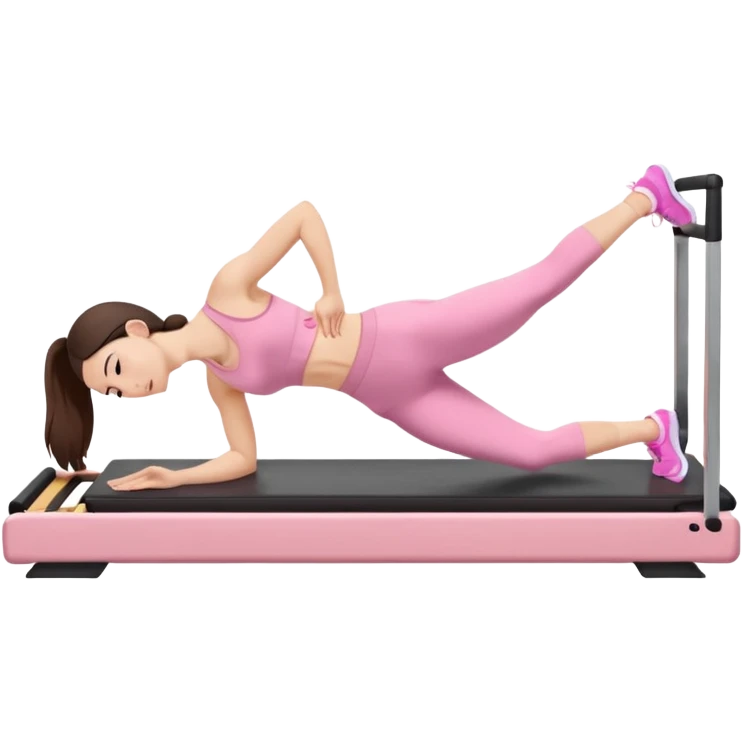 white brunette girl in light pink workout clothes doing a plank on a reformer emoji