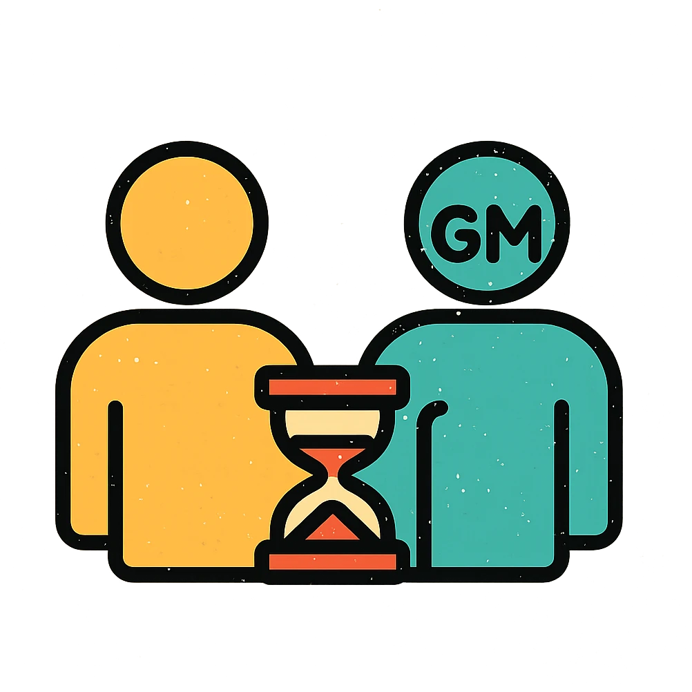 ultra-minimalist icon of two simple figures side by side representing player and GM, with a small clock or hourglass, worn and distressed style emoji