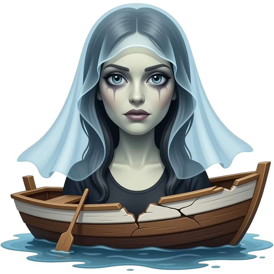 cinematic surrealistic - a broken boat with a terrifying female apparition around which a transparent veil flutters emoji