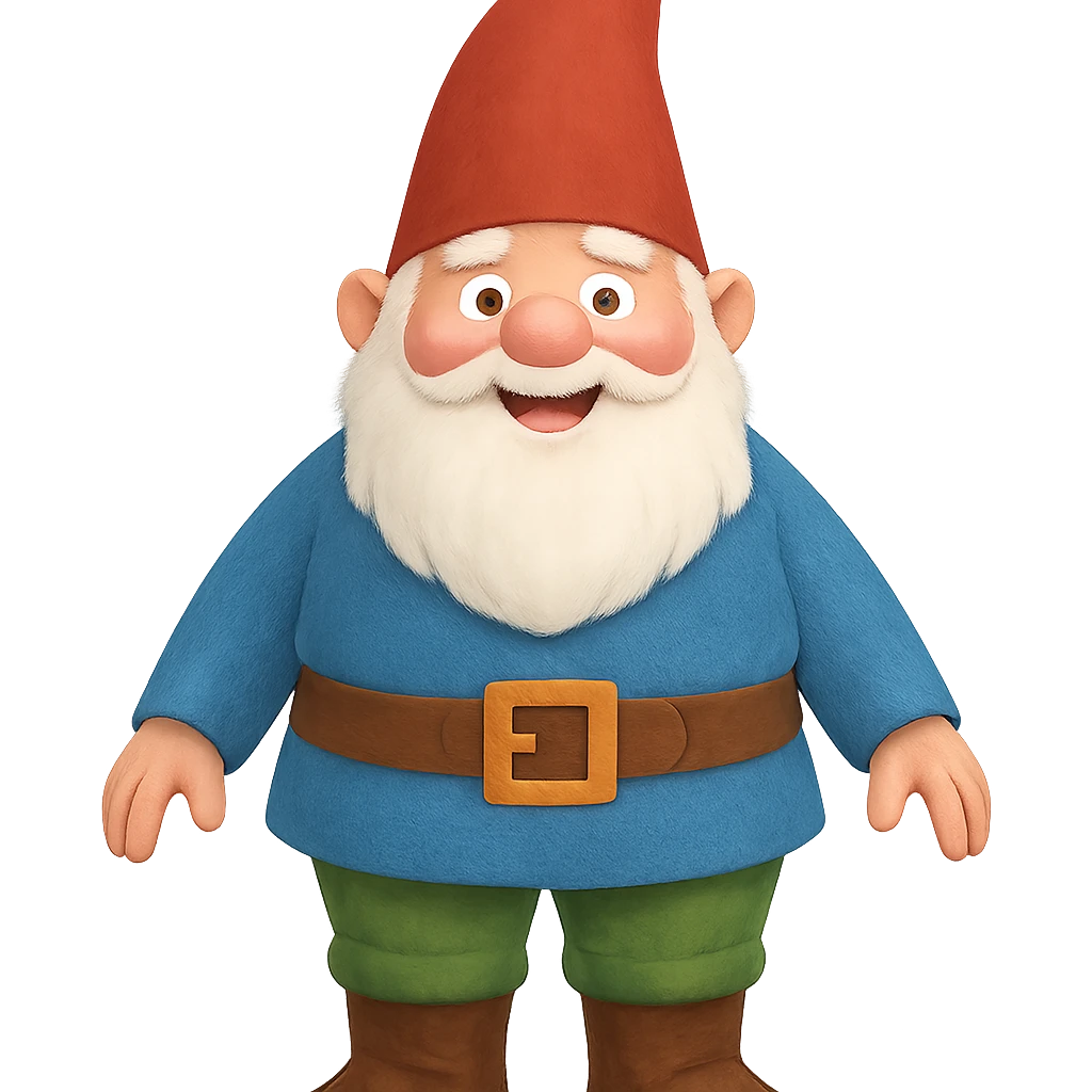 A large gnome in a colorful outfit, standing tall with a cheerful expression emoji