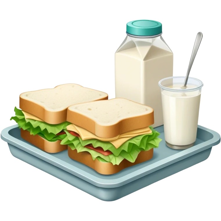 tray with food in it. a sandwich, a milk carton and lettuce on the tray. prison meal so the food doesn't look appetizing emoji