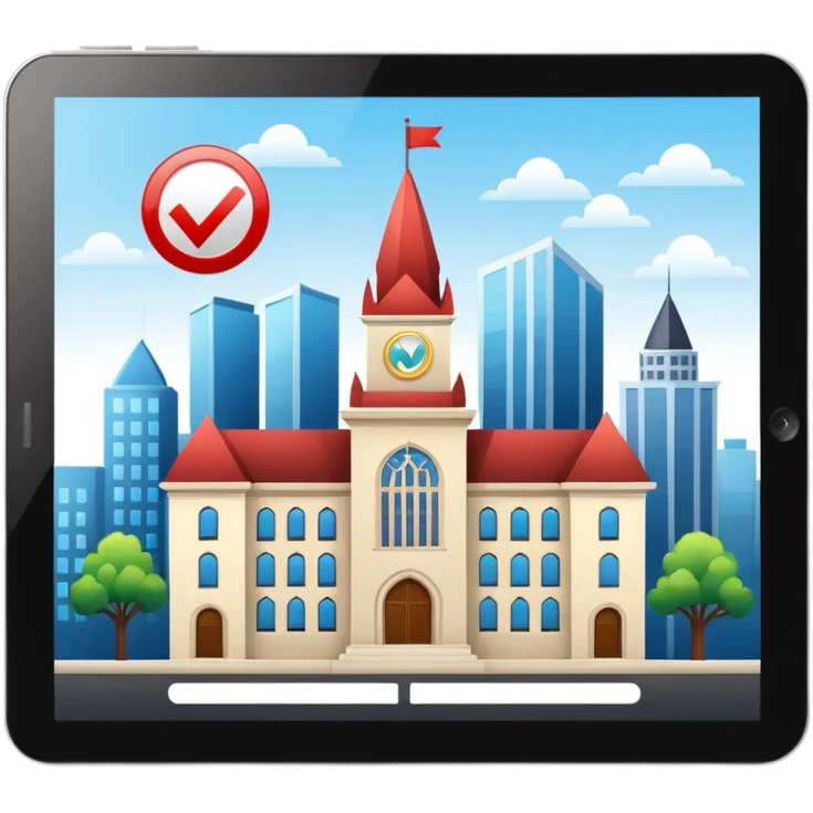 digital tablet with check mark and city hall icon, glossy and clean emoji