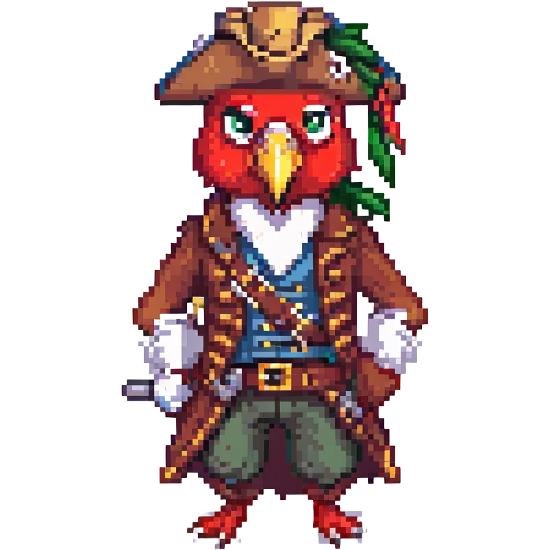 a pirate captain with a red parrot, pixel art style emoji