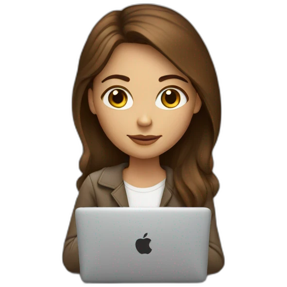 a girl with brown hair who works on a MacBook with a ice latte coffee emoji