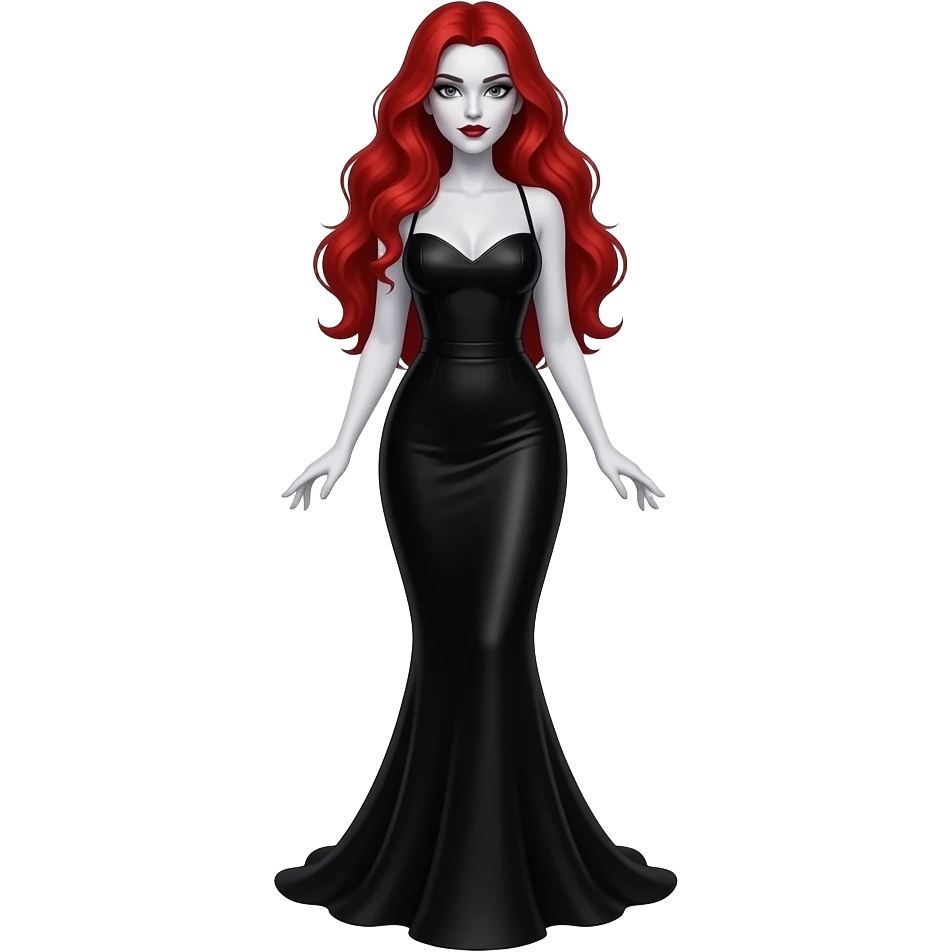 vampiro femmina con la pelle bianca e i capelli lunghi e rossi, un vestito stretto in vita e largo sotto che arriva ai piedi nero emoji