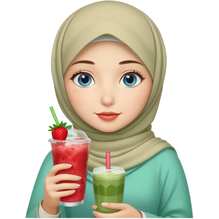 Turkish beautiful finish Konya girl blue eyes with beige and light green hijab islamic dress and had on her hand strawberry Matcha drink emoji