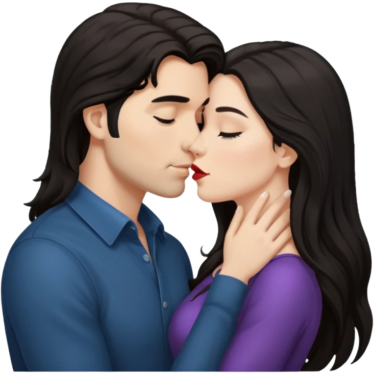White Man with dark hair kissing white woman with long dark hair emoji